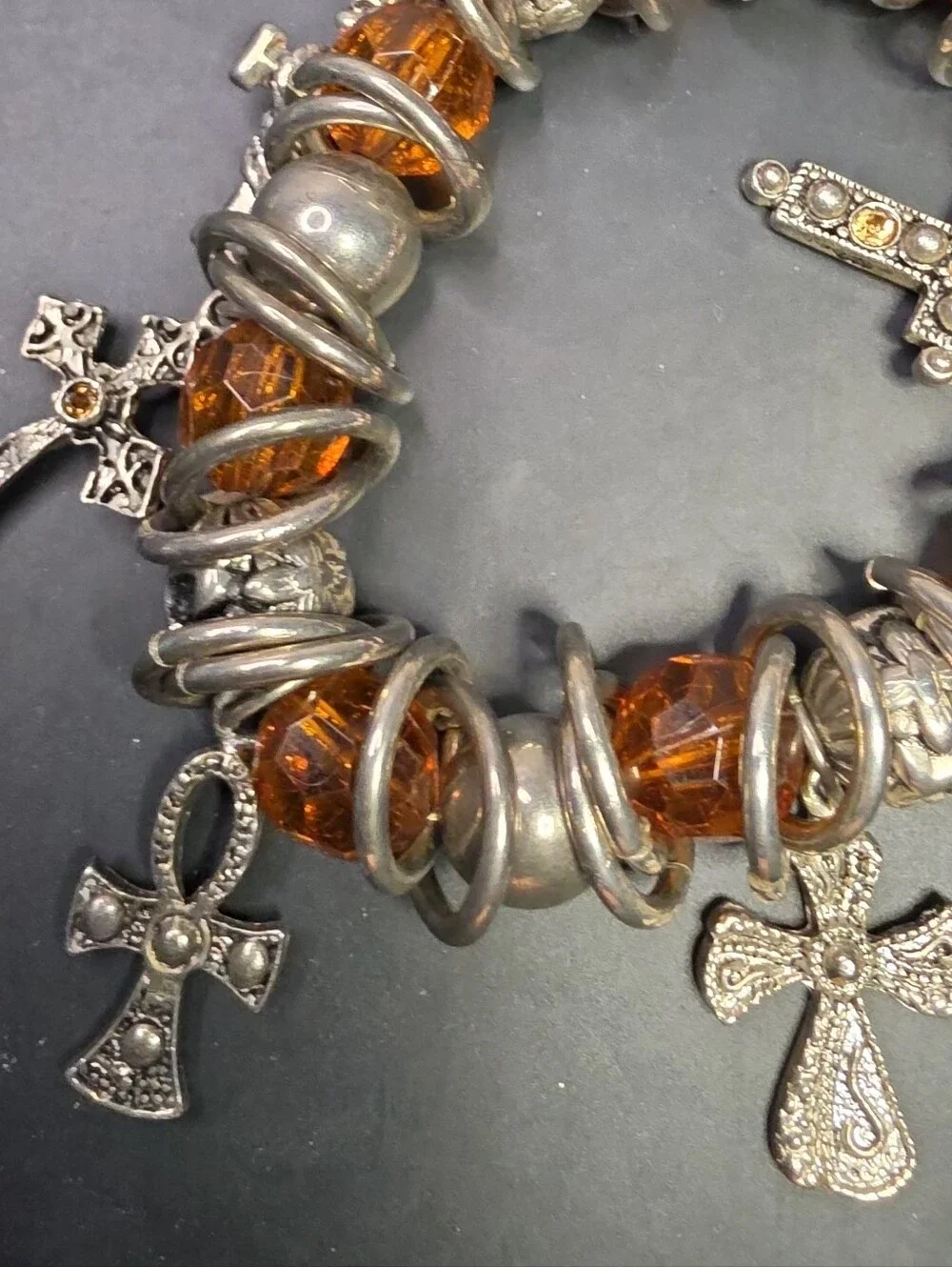 Amber Glass Bead Cross Charm Stretch Bracelet - Women Jewelry